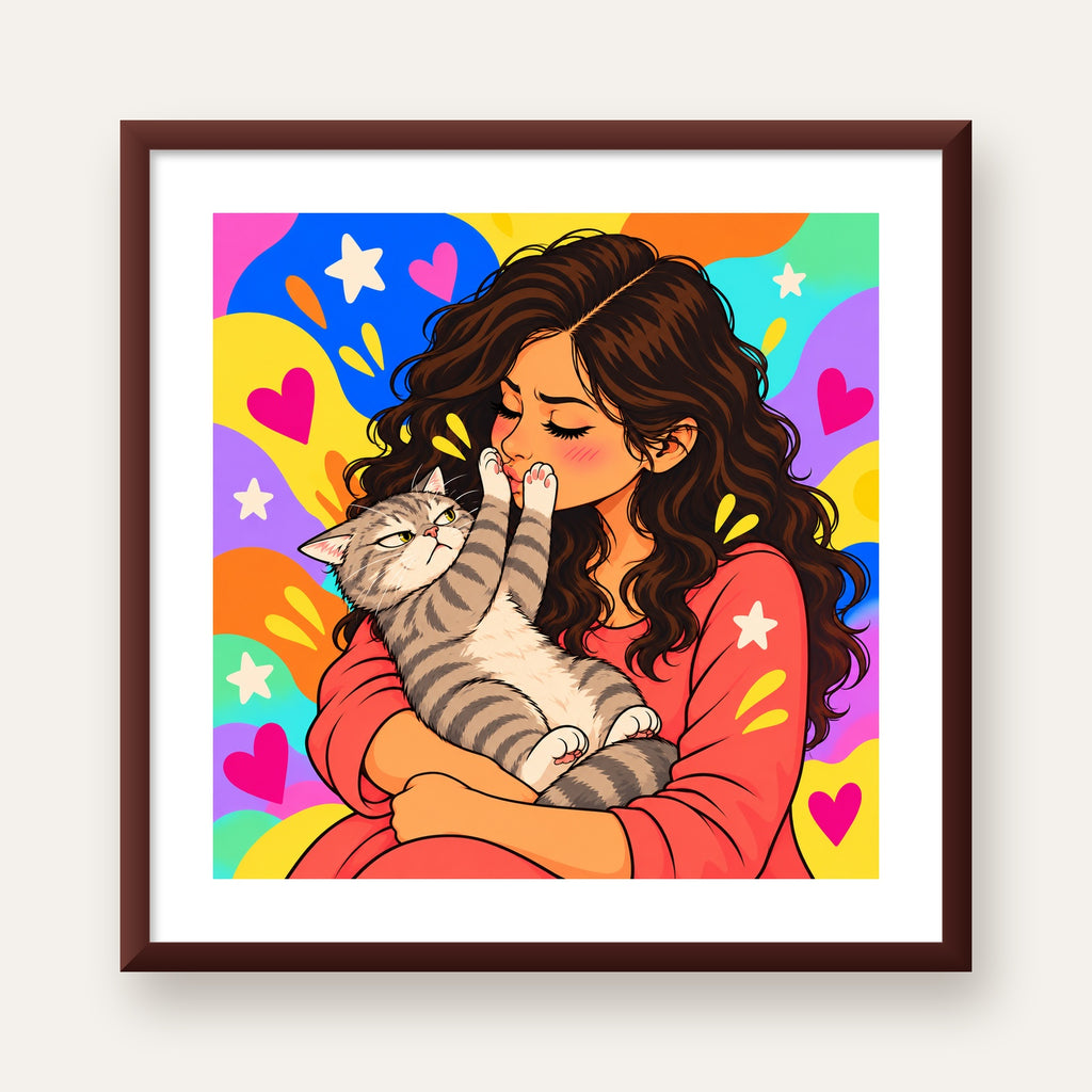 No Kisses, Please Kedi ve Kadın Renkli Pop Art Poster — ceviz çerçeveli paspartulu