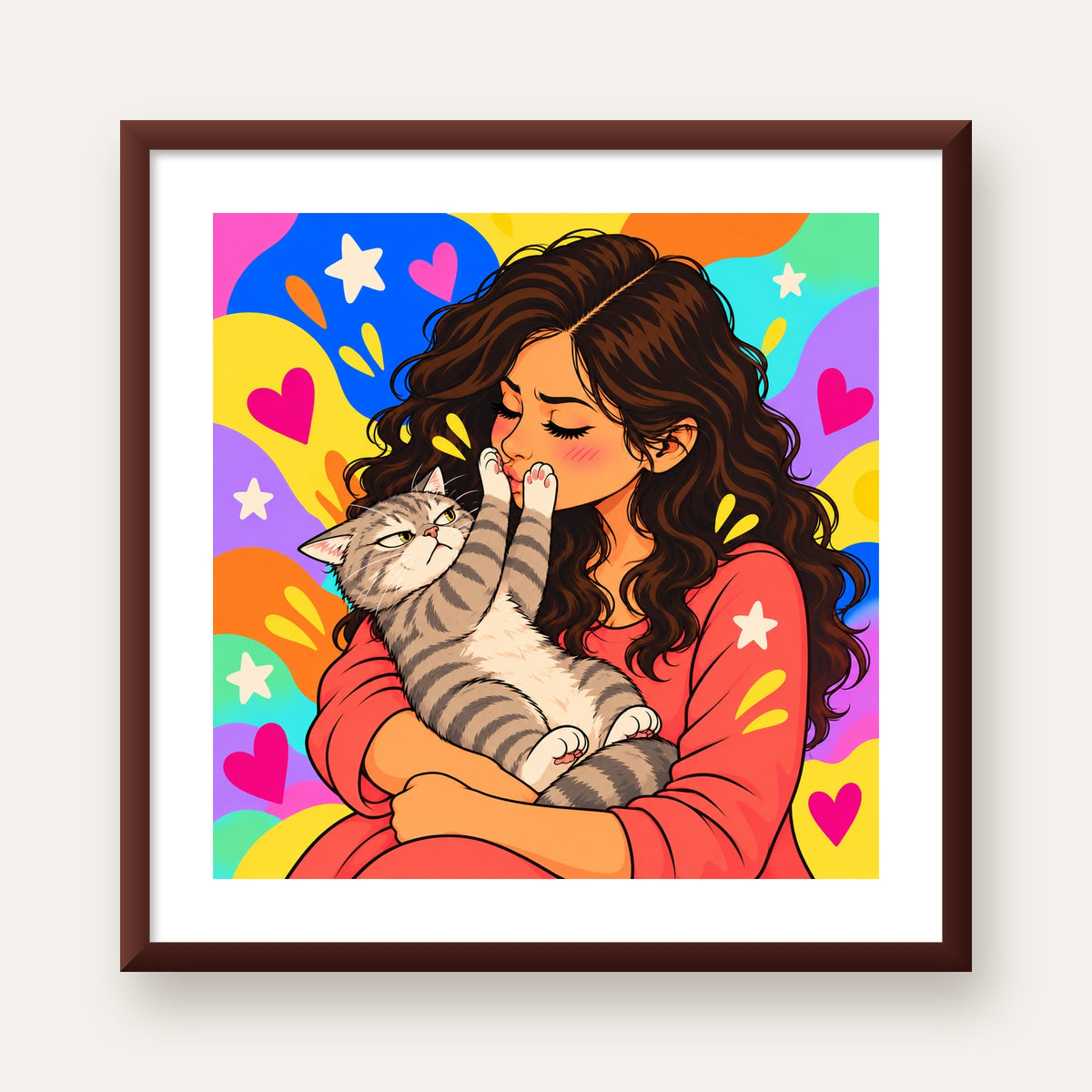 No Kisses, Please Kedi ve Kadın Renkli Pop Art Poster — ceviz çerçeveli paspartulu