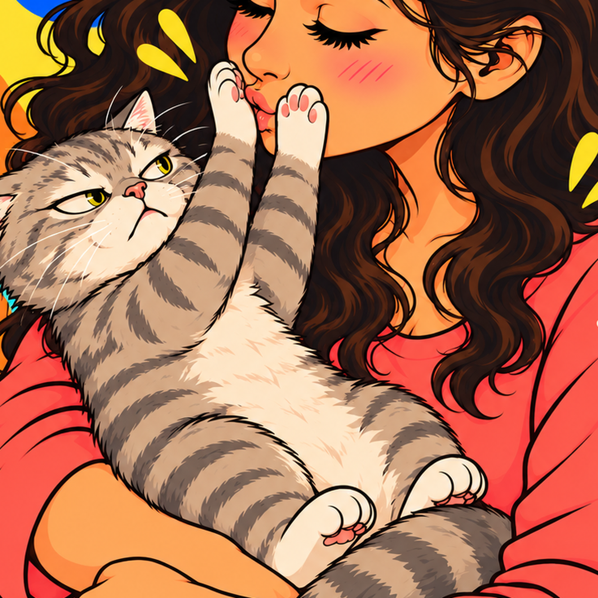 Kedi ve Genç Kadın Renkli Poster – Enerjik İllüstrasyon — baskının yakın çekimi, kâğıt dokusu ve renk detayı