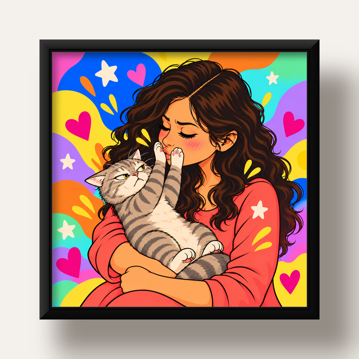 No Kisses, Please Kedi ve Kadın Renkli Pop Art Poster — siyah derin çerçeveli