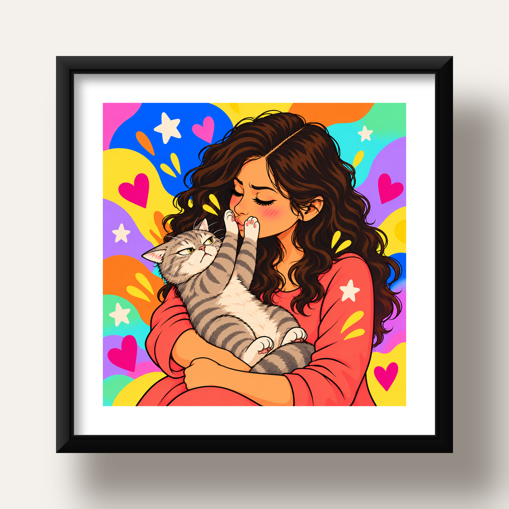 No Kisses, Please Kedi ve Kadın Renkli Pop Art Poster — siyah derin çerçeveli paspartulu