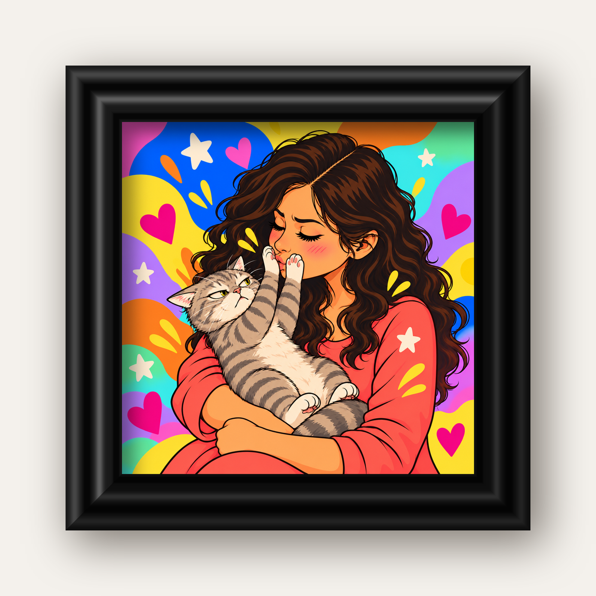 No Kisses, Please Kedi ve Kadın Renkli Pop Art Poster — siyah galeri çerçeveli