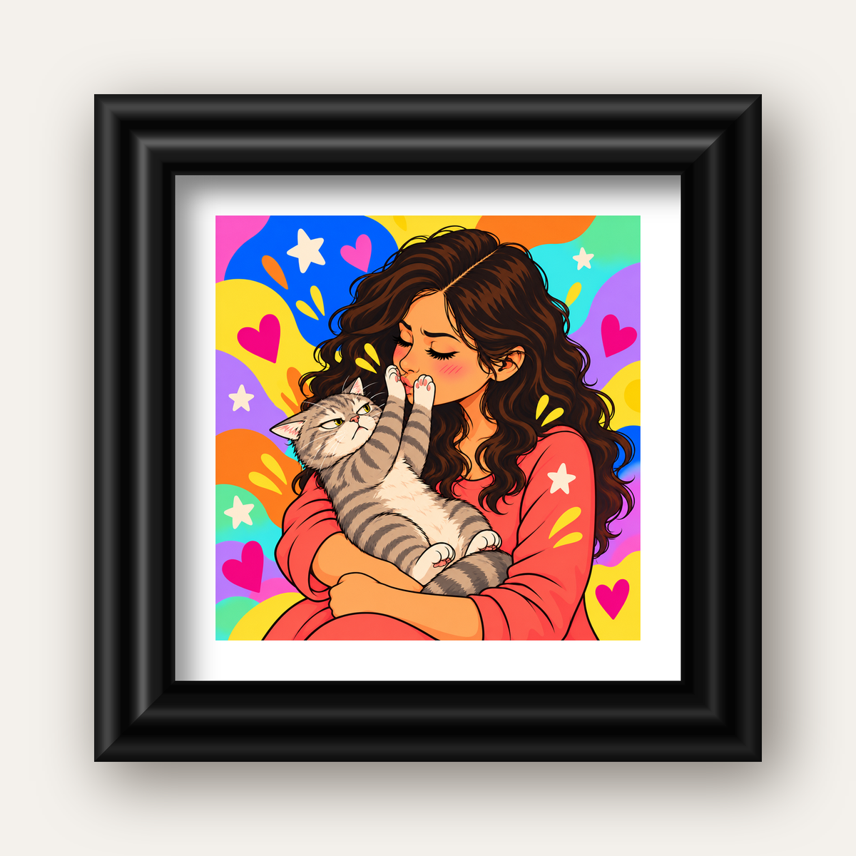 No Kisses, Please Kedi ve Kadın Renkli Pop Art Poster — siyah galeri çerçeveli paspartulu