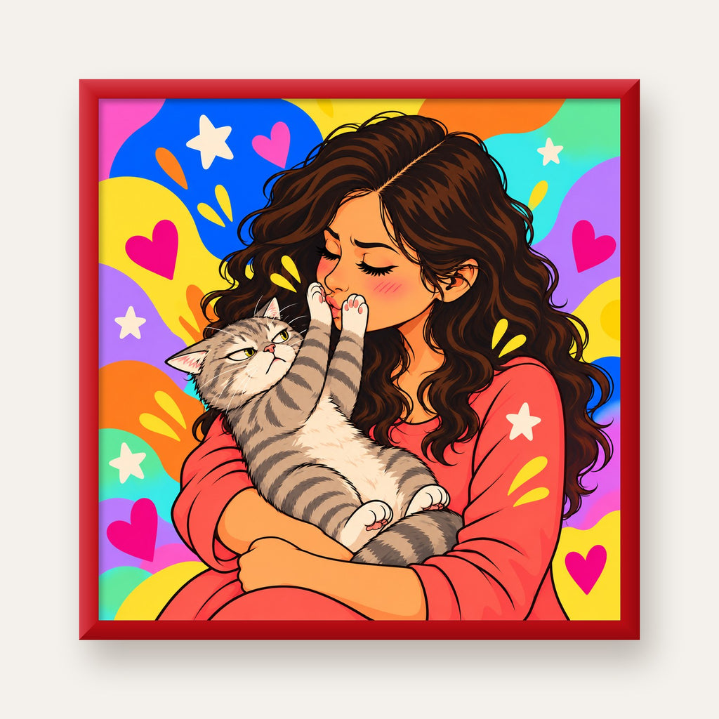 No Kisses, Please Kedi ve Kadın Renkli Pop Art Poster — kırmızı çerçeveli