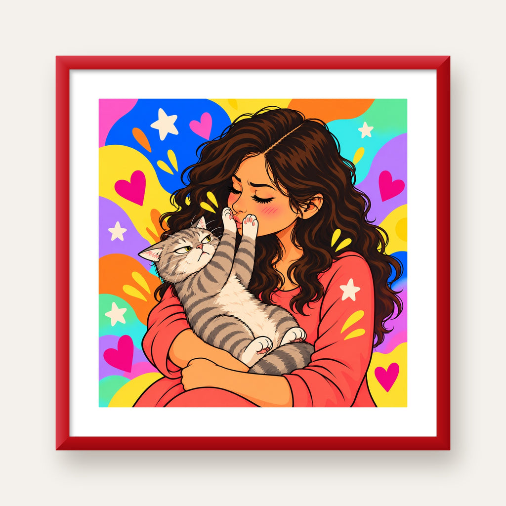 No Kisses, Please Kedi ve Kadın Renkli Pop Art Poster — kırmızı çerçeveli paspartulu