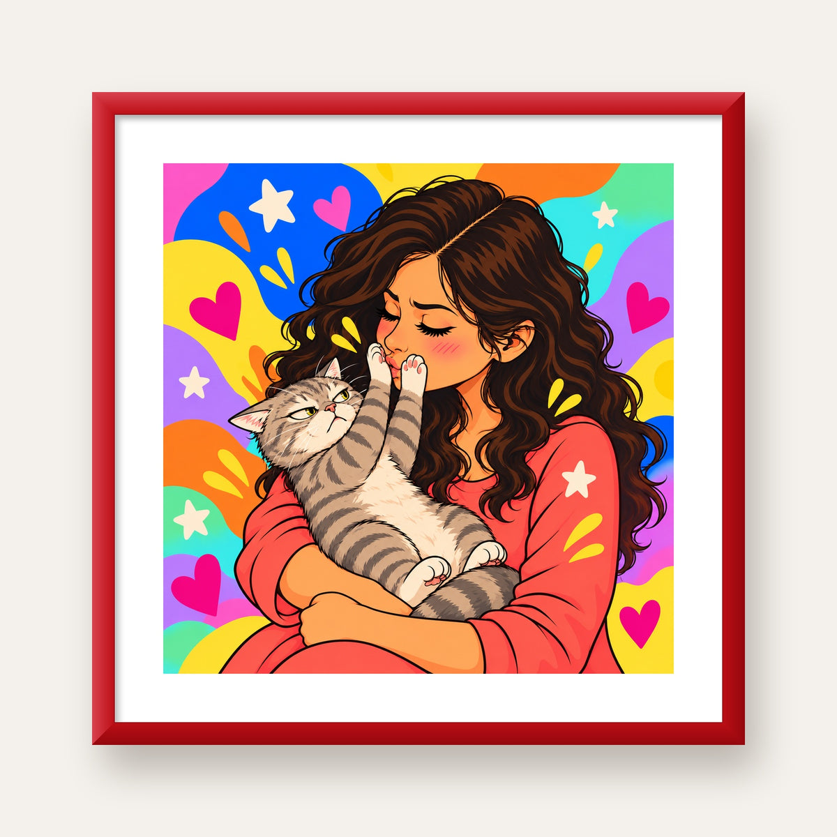 No Kisses, Please Kedi ve Kadın Renkli Pop Art Poster — kırmızı çerçeveli paspartulu