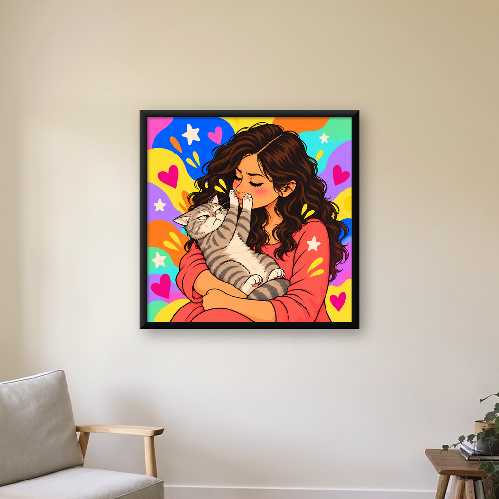 Kedi ve Genç Kadın Renkli Poster – Enerjik İllüstrasyon — Kare baskı, çerçeveli hâliyle bir ev duvarında