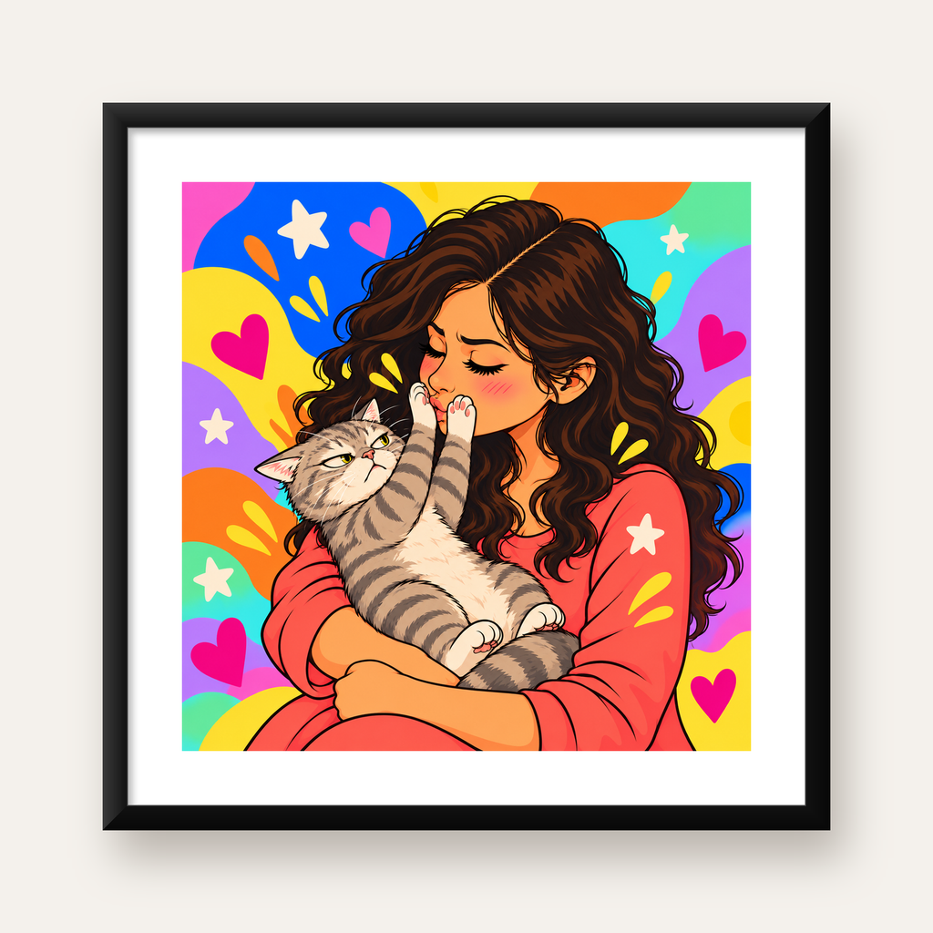 Kedi ve Genç Kadın Renkli Poster – Enerjik İllüstrasyon — Kare baskı, beyaz kenar boşluklu