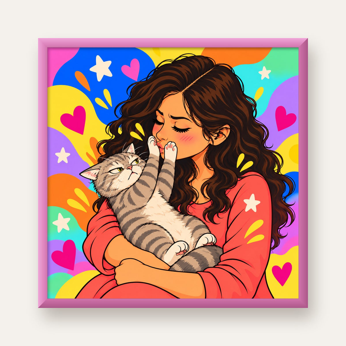 No Kisses, Please Kedi ve Kadın Renkli Pop Art Poster — pembe çerçeveli