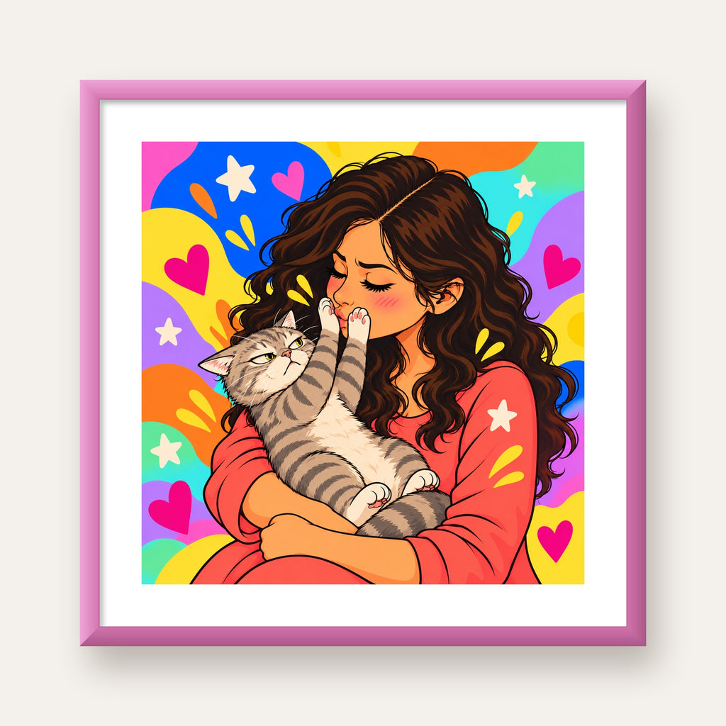 No Kisses, Please Kedi ve Kadın Renkli Pop Art Poster — pembe çerçeveli paspartulu