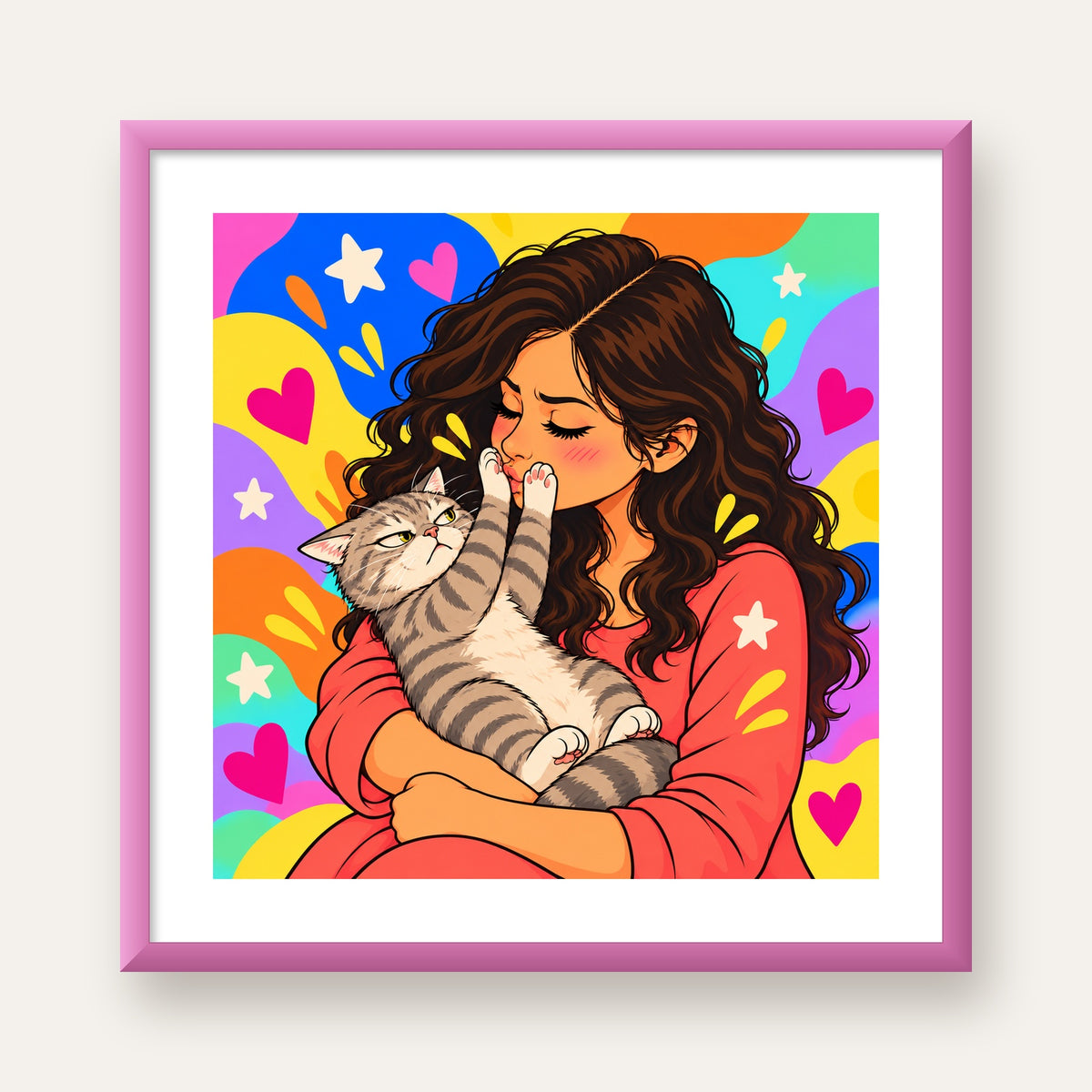 No Kisses, Please Kedi ve Kadın Renkli Pop Art Poster — pembe çerçeveli paspartulu