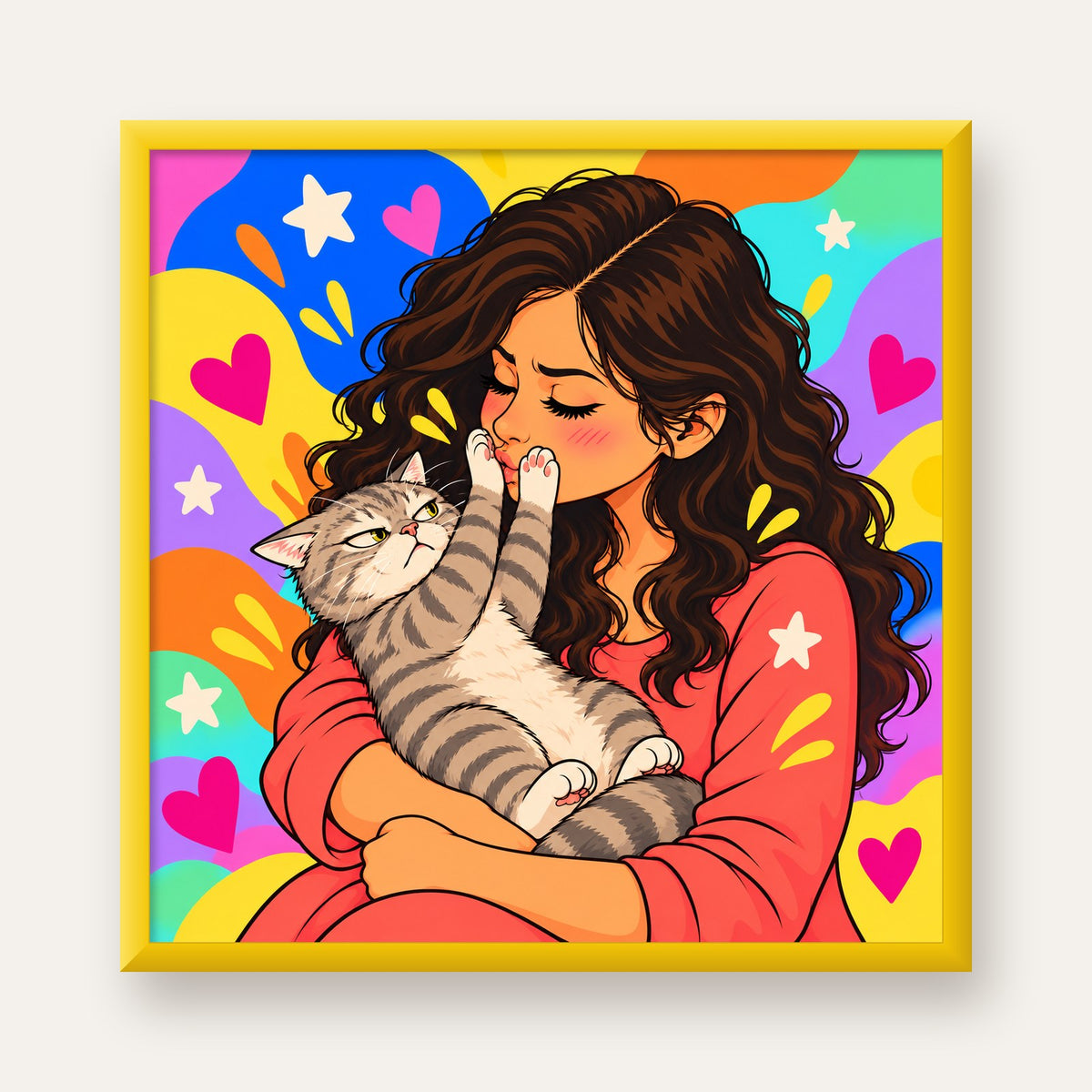 No Kisses, Please Kedi ve Kadın Renkli Pop Art Poster — sarı çerçeveli