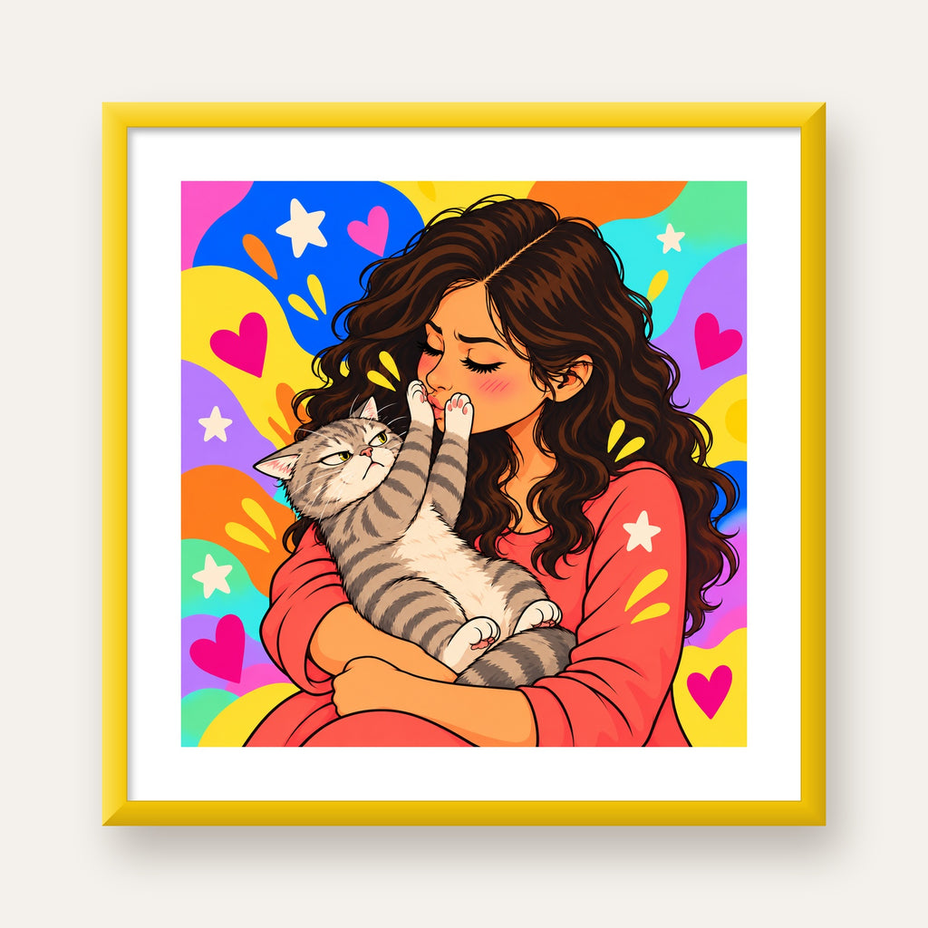 No Kisses, Please Kedi ve Kadın Renkli Pop Art Poster — sarı çerçeveli paspartulu