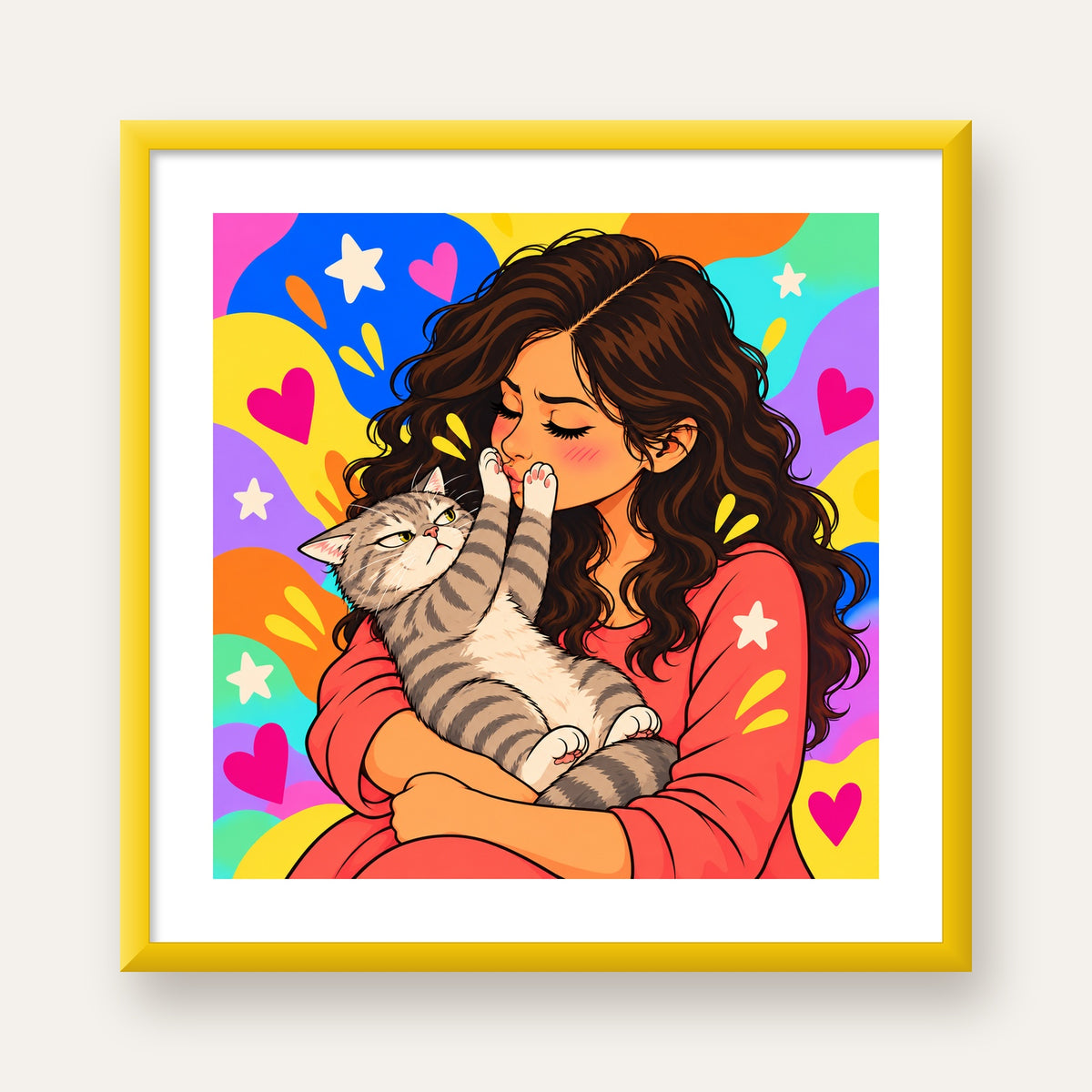 No Kisses, Please Kedi ve Kadın Renkli Pop Art Poster — sarı çerçeveli paspartulu