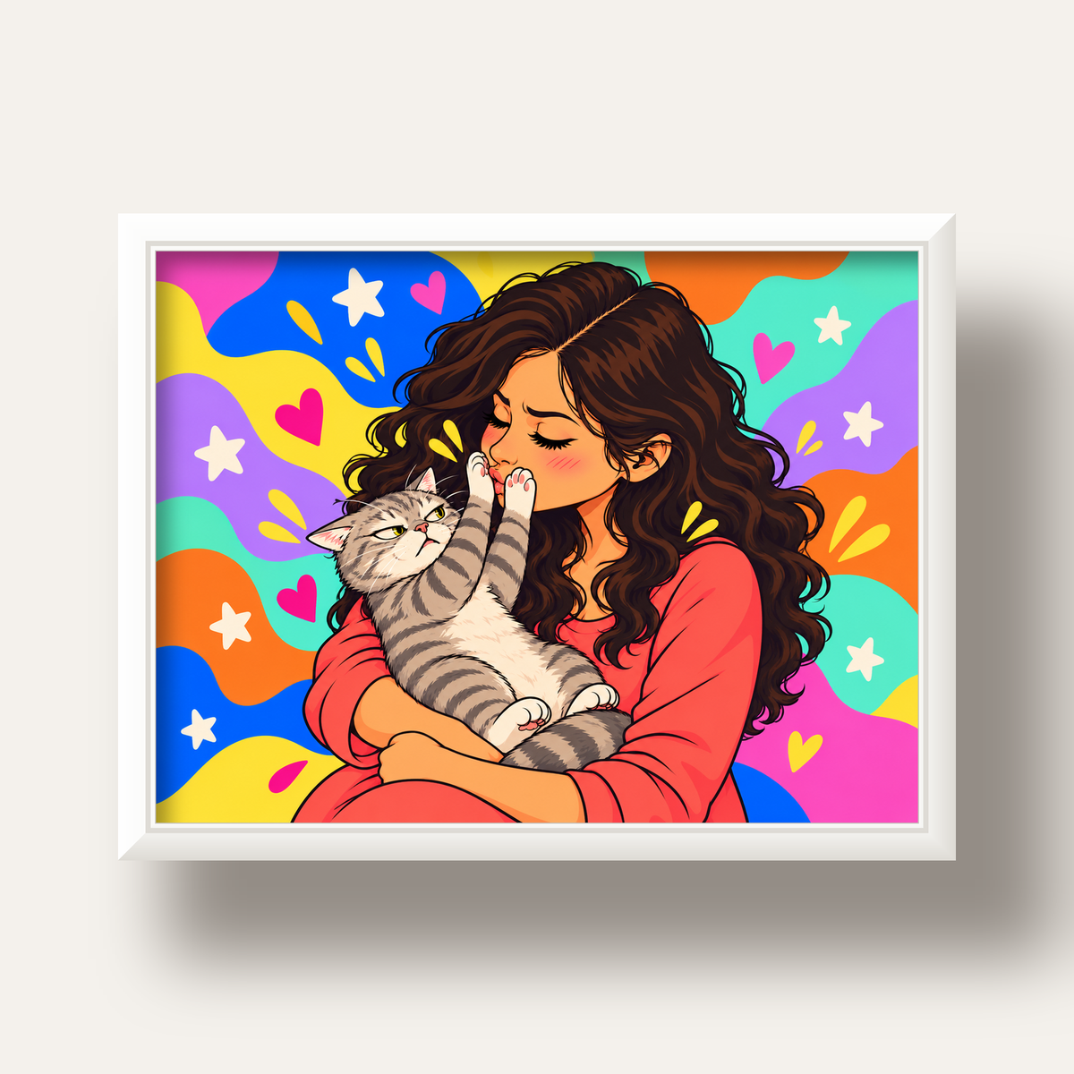 No Kisses, Please Kedi ve Kadın Renkli Pop Art Poster — beyaz derin çerçeveli