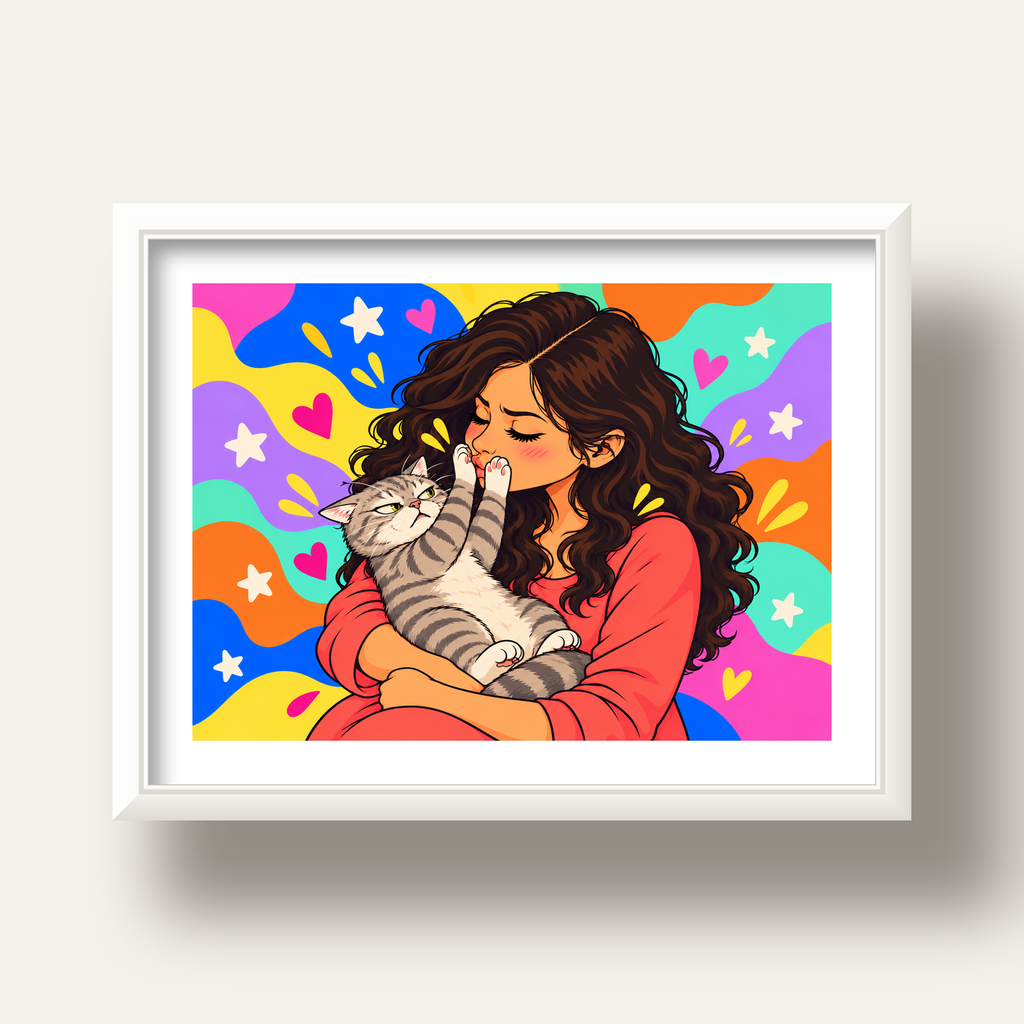 No Kisses, Please Kedi ve Kadın Renkli Pop Art Poster — beyaz derin çerçeveli paspartulu