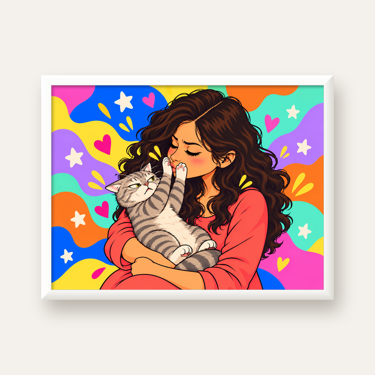 No Kisses, Please Kedi ve Kadın Renkli Pop Art Poster — beyaz çerçeveli yatay poster