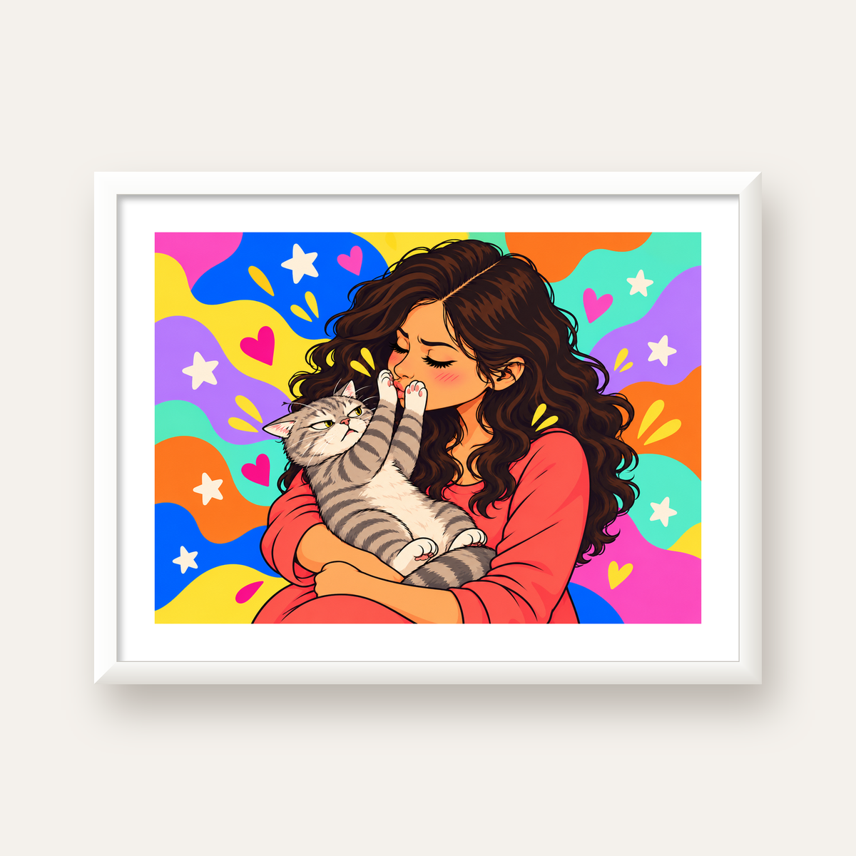 No Kisses, Please Kedi ve Kadın Renkli Pop Art Poster — beyaz çerçeveli yatay poster