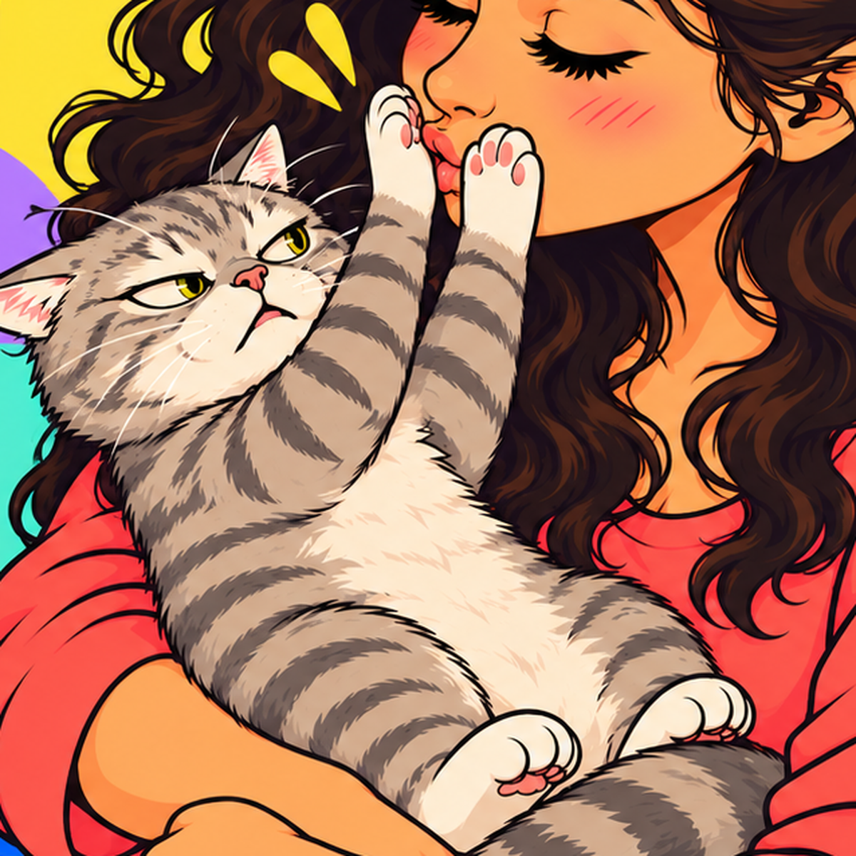 Kedi ve Genç Kadın Renkli Poster – Enerjik İllüstrasyon — baskının yakın çekimi, kâğıt dokusu ve renk detayı
