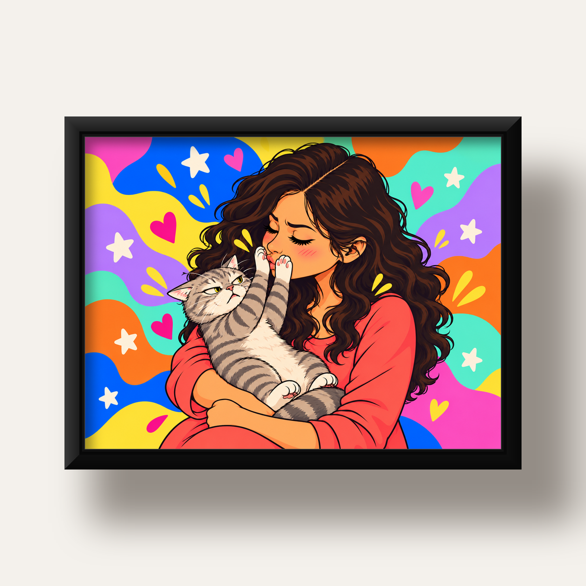 No Kisses, Please Kedi ve Kadın Renkli Pop Art Poster — siyah derin çerçeveli