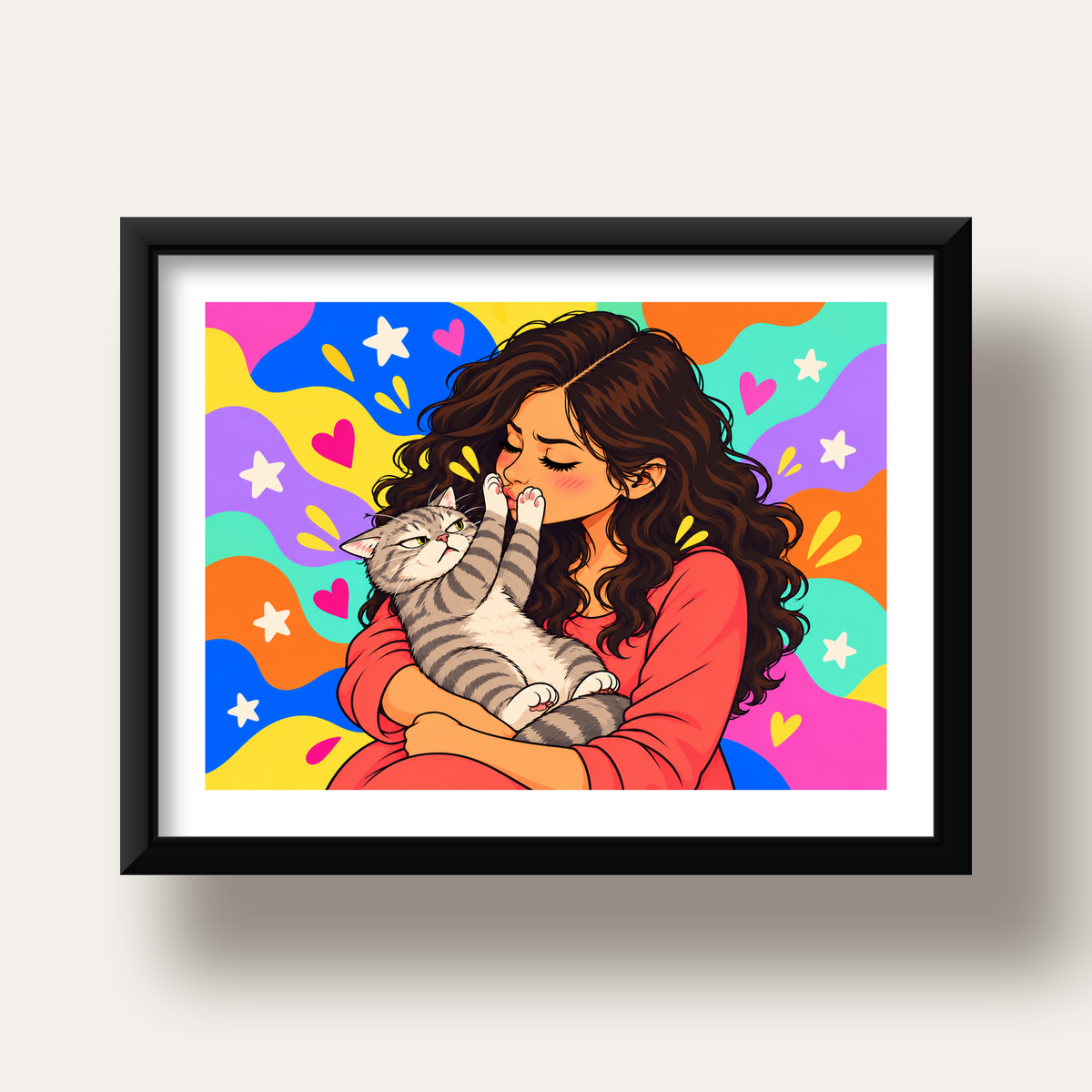 No Kisses, Please Kedi ve Kadın Renkli Pop Art Poster — siyah derin çerçeveli paspartulu