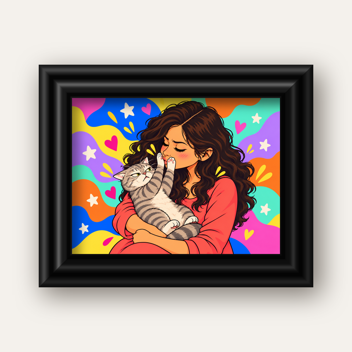 No Kisses, Please Kedi ve Kadın Renkli Pop Art Poster — siyah galeri çerçeveli