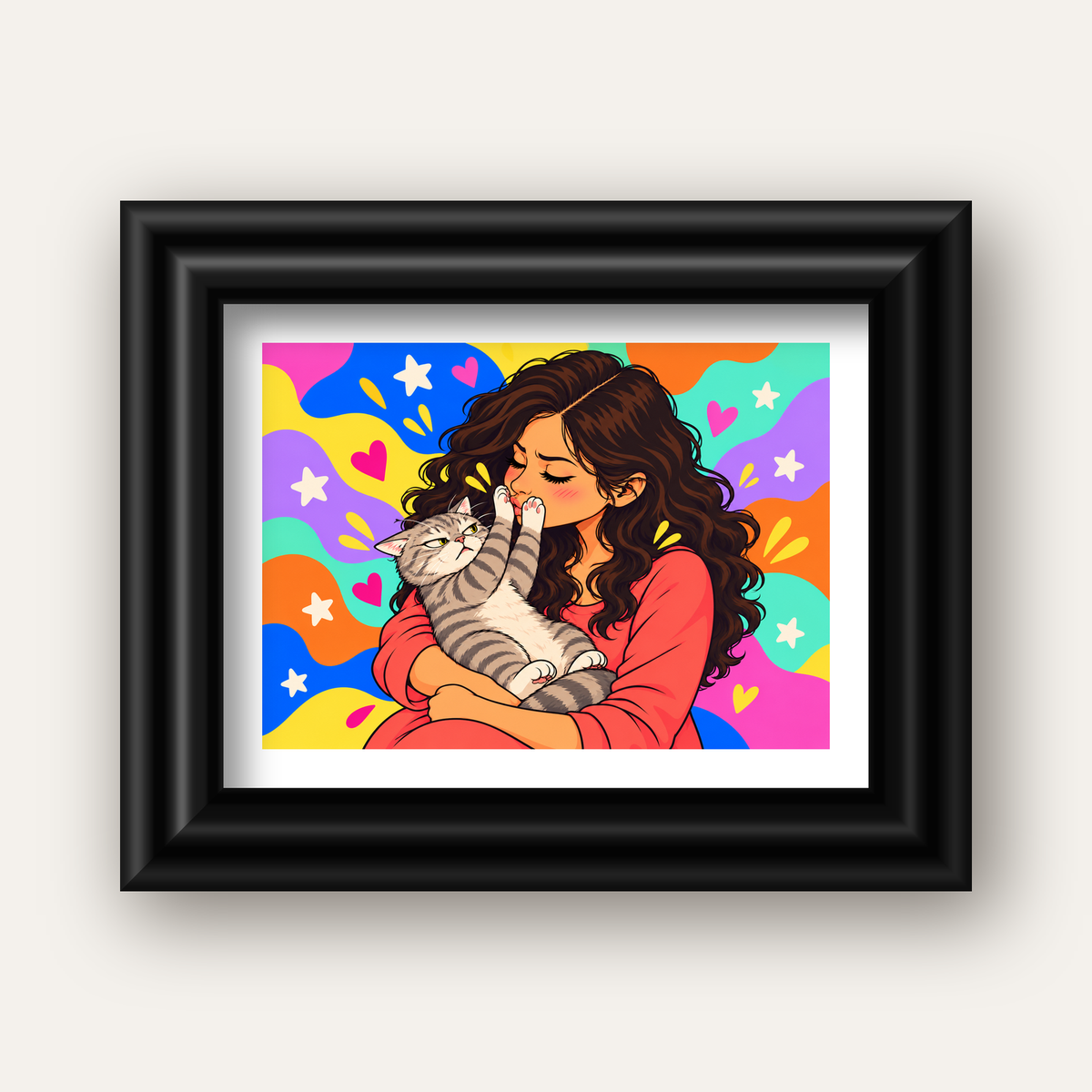 No Kisses, Please Kedi ve Kadın Renkli Pop Art Poster — siyah galeri çerçeveli paspartulu