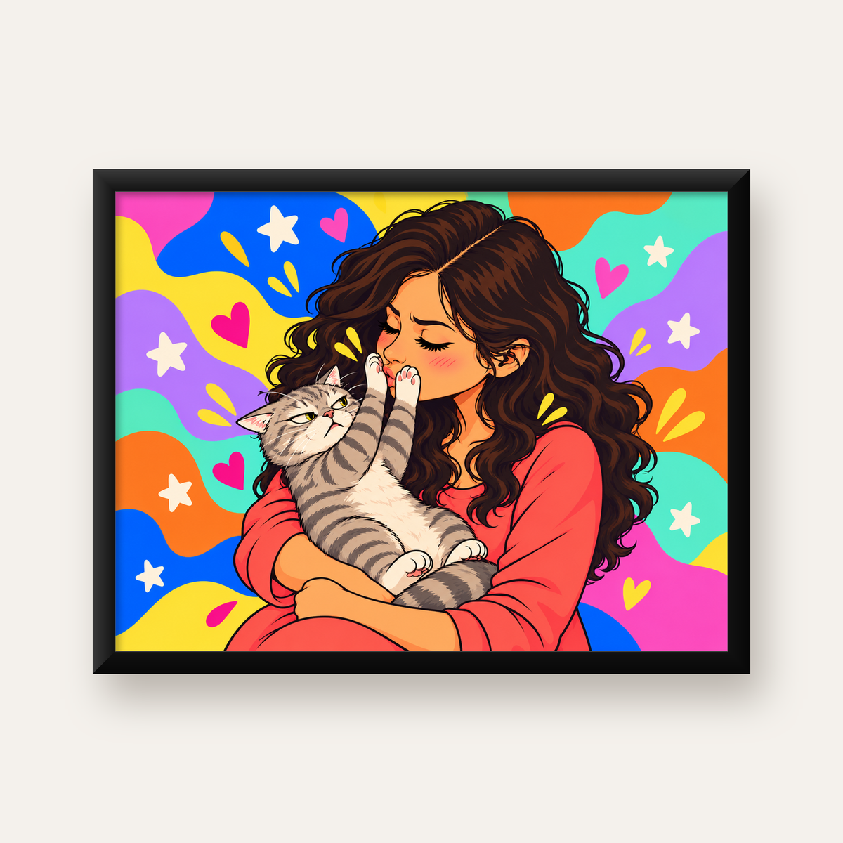 Kedi ve Genç Kadın Renkli Poster – Enerjik İllüstrasyon — Yatay baskı, düz siyah çerçeveli duvar posteri