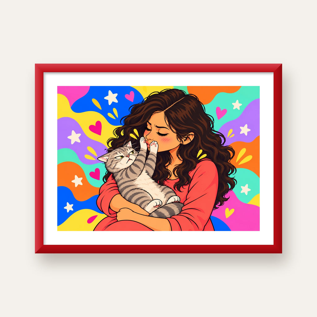 No Kisses, Please Kedi ve Kadın Renkli Pop Art Poster — kırmızı çerçeveli paspartulu