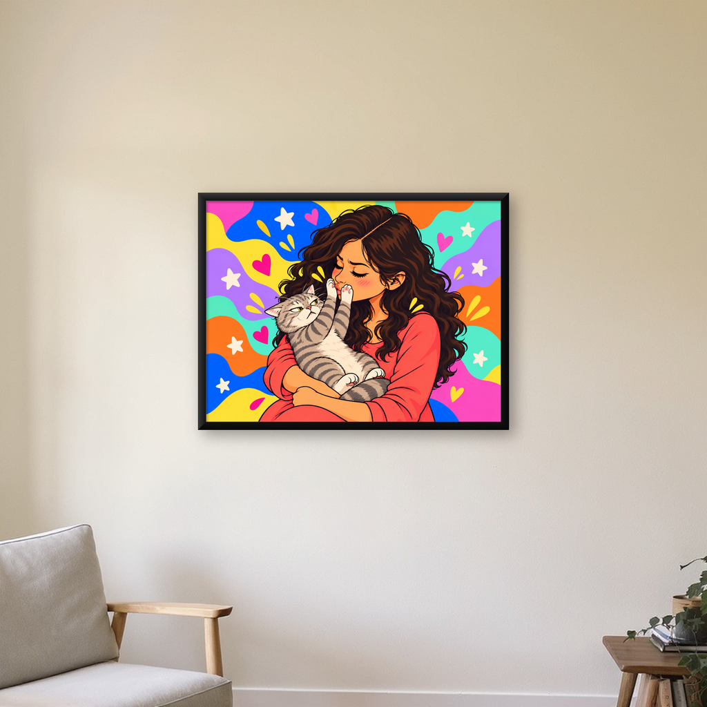 Kedi ve Genç Kadın Renkli Poster – Enerjik İllüstrasyon — Yatay baskı, çerçeveli hâliyle bir ev duvarında