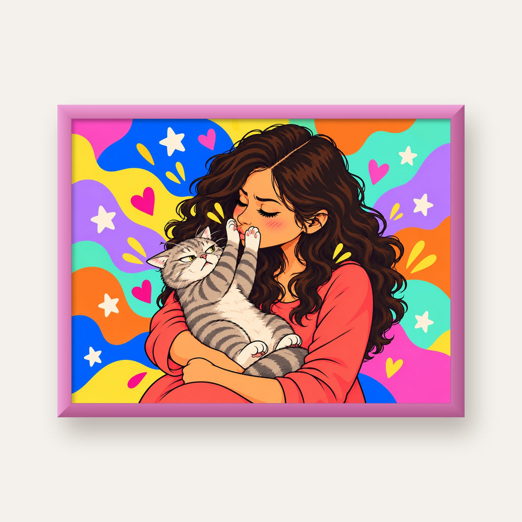 No Kisses, Please Kedi ve Kadın Renkli Pop Art Poster — pembe çerçeveli