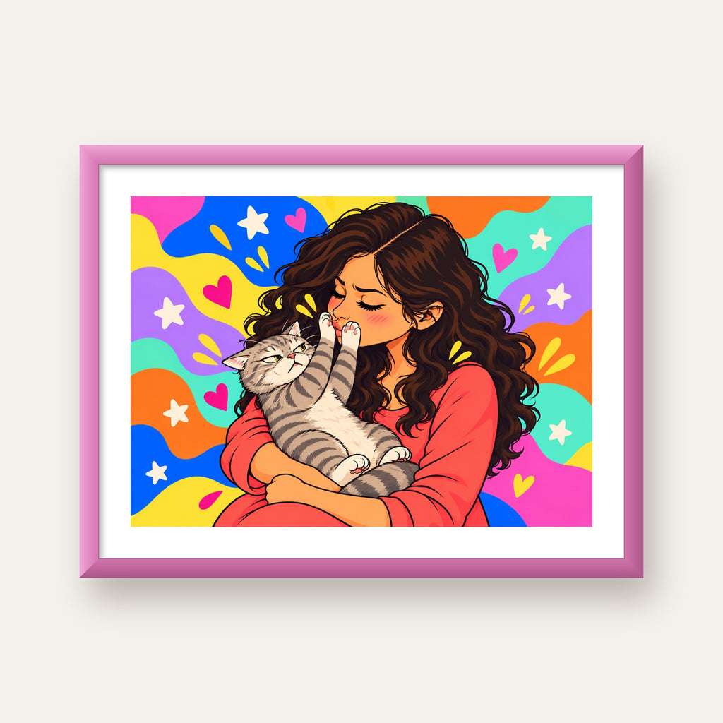 No Kisses, Please Kedi ve Kadın Renkli Pop Art Poster — pembe çerçeveli paspartulu