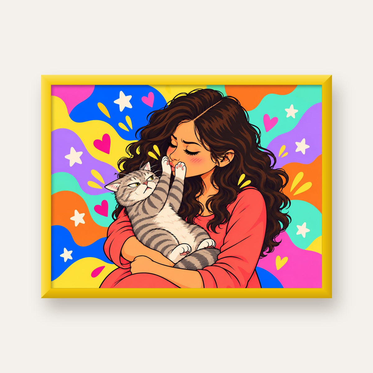 No Kisses, Please Kedi ve Kadın Renkli Pop Art Poster — sarı çerçeveli