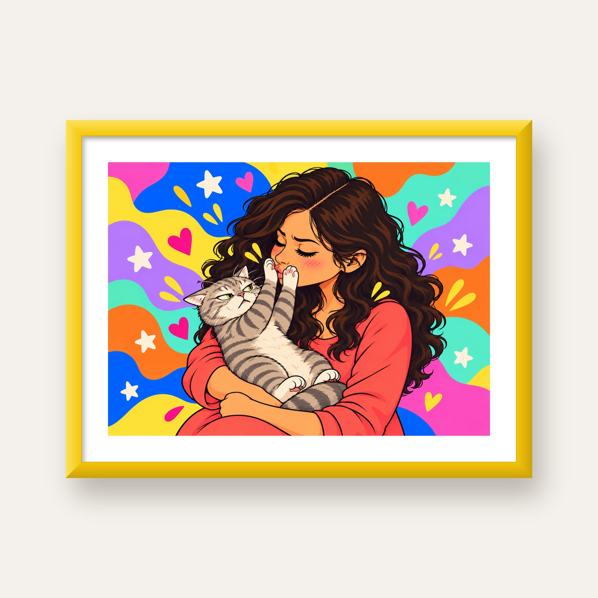 No Kisses, Please Kedi ve Kadın Renkli Pop Art Poster — sarı çerçeveli paspartulu