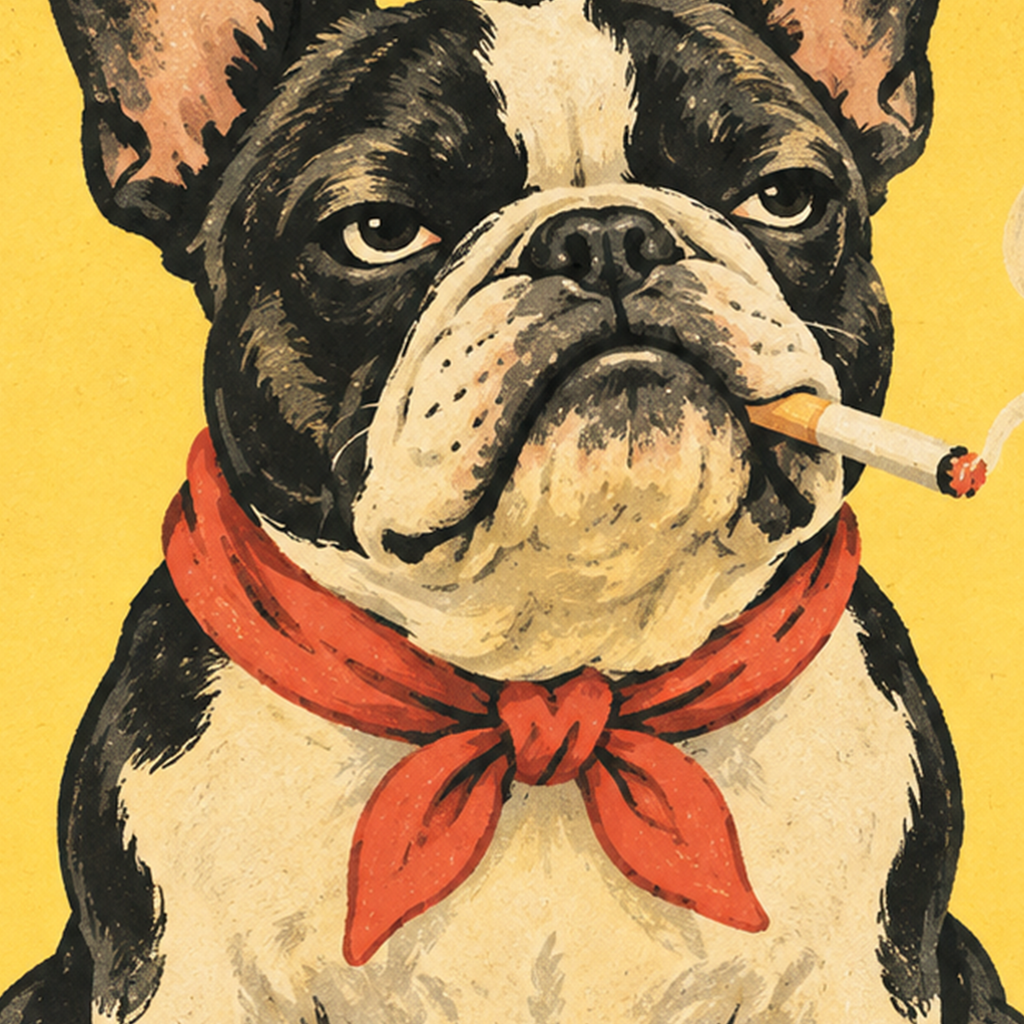 No Puffs Just Woofs Fransız Bulldog Retro Poster — baskının yakın çekimi, kâğıt dokusu ve renk detayı