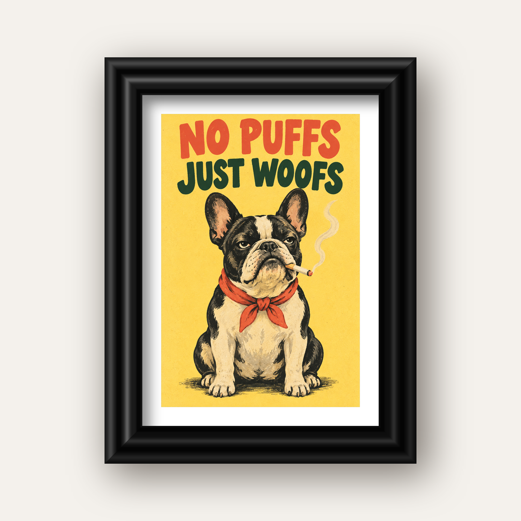 No Puffs Just Woofs Fransız Bulldog Retro Poster — siyah galeri çerçeveli paspartulu