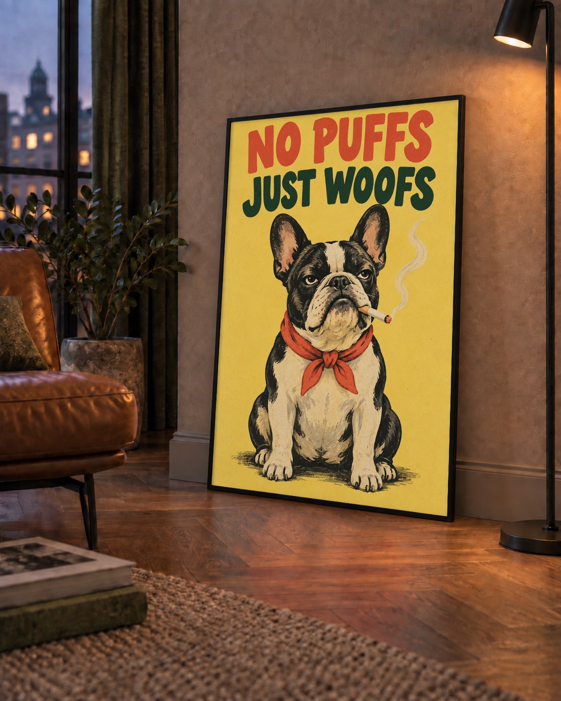No Puffs Just Woofs Fransız Bulldog Retro Poster — çerçeveli hâliyle bir ev duvarında