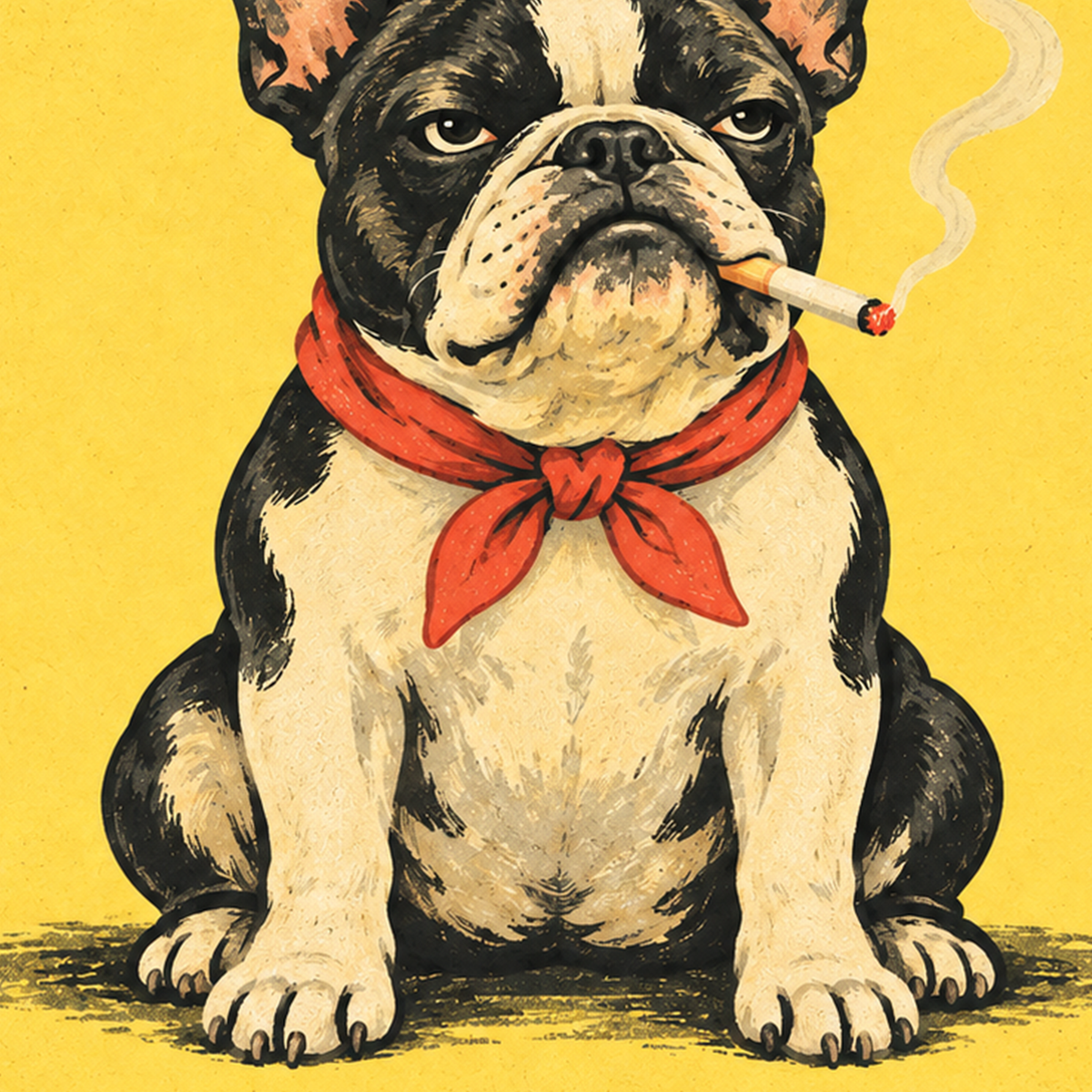 No Puffs Just Woofs Fransız Bulldog Retro Poster — baskının yakın çekimi, kâğıt dokusu ve renk detayı