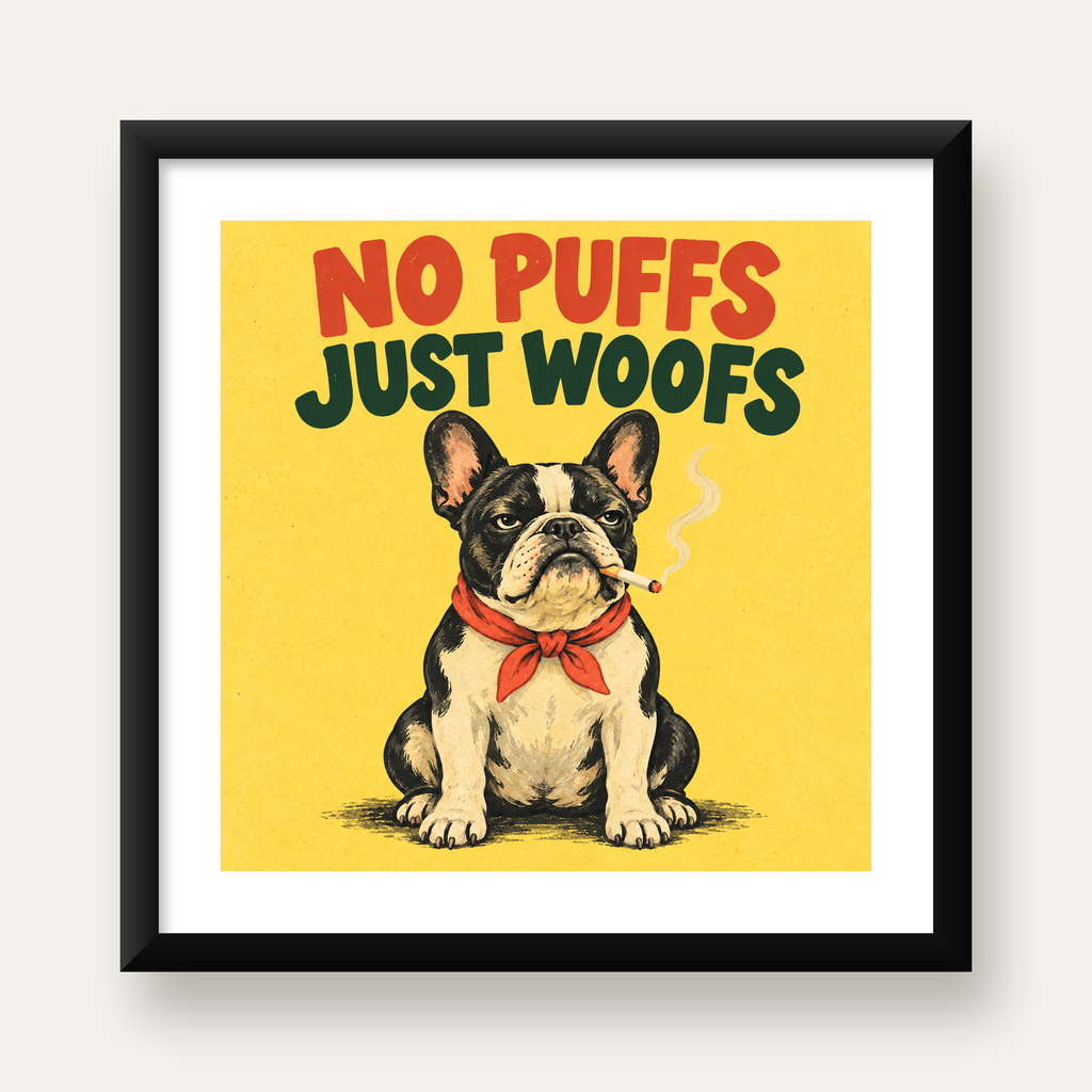 No Puffs Just Woofs Fransız Bulldog Retro Poster — Kare baskı, beyaz paspartulu