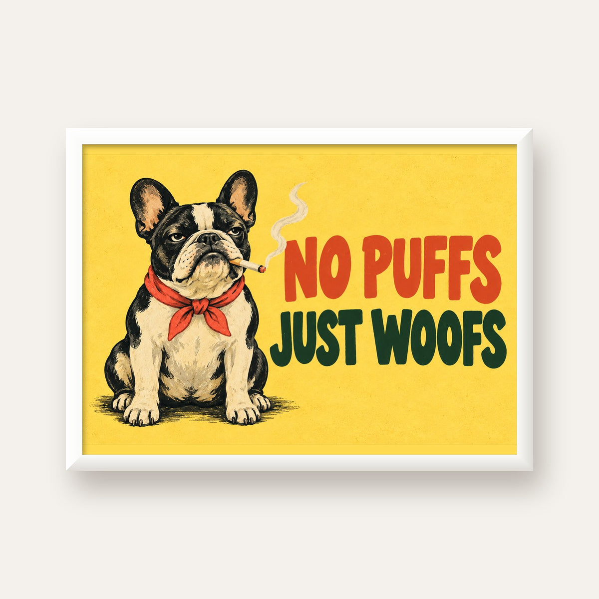 No Puffs Just Woofs Fransız Bulldog Retro Poster — beyaz çerçeveli yatay poster