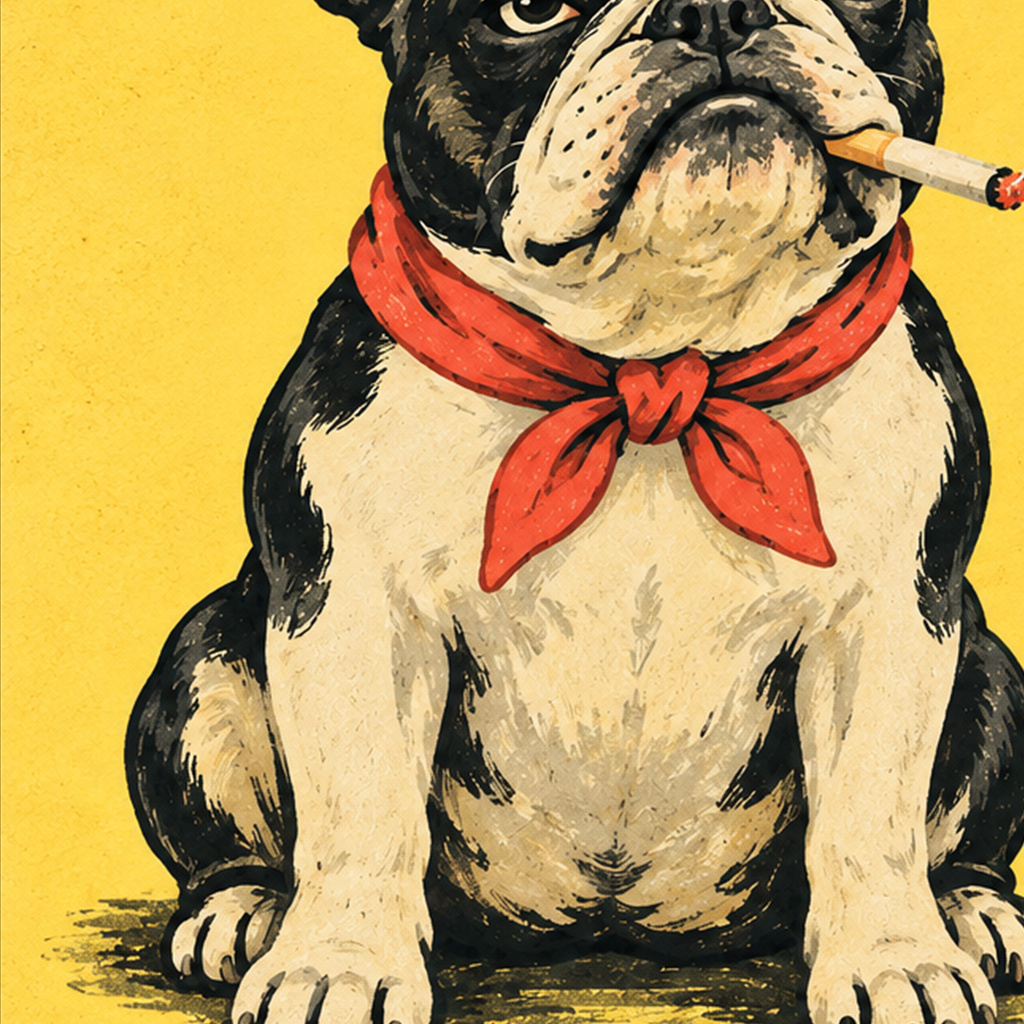 No Puffs Just Woofs Fransız Bulldog Retro Poster — baskının yakın çekimi, kâğıt dokusu ve renk detayı
