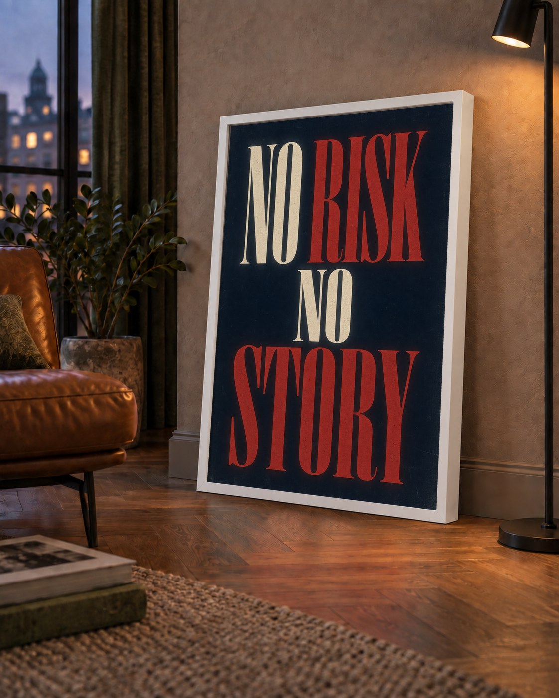 NO RISK NO STORY Retro Tipografik Motivasyon Posteri — çerçeveli hâliyle bir ev duvarında