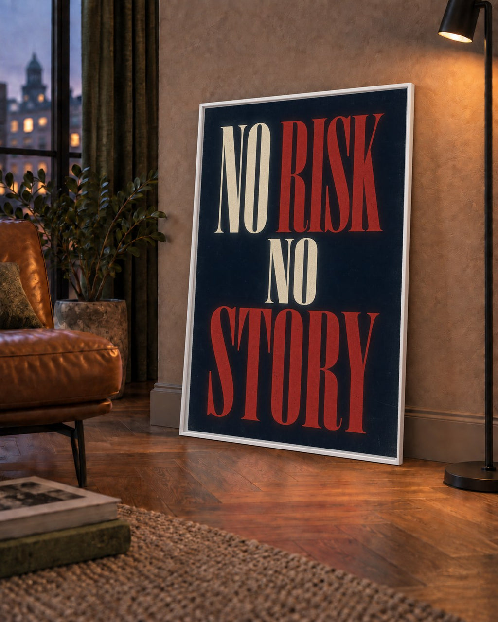 NO RISK NO STORY Retro Tipografik Motivasyon Posteri — çerçeveli hâliyle bir ev duvarında