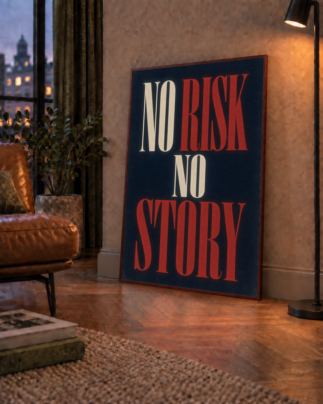 NO RISK NO STORY Retro Tipografik Motivasyon Posteri — çerçeveli hâliyle bir ev duvarında
