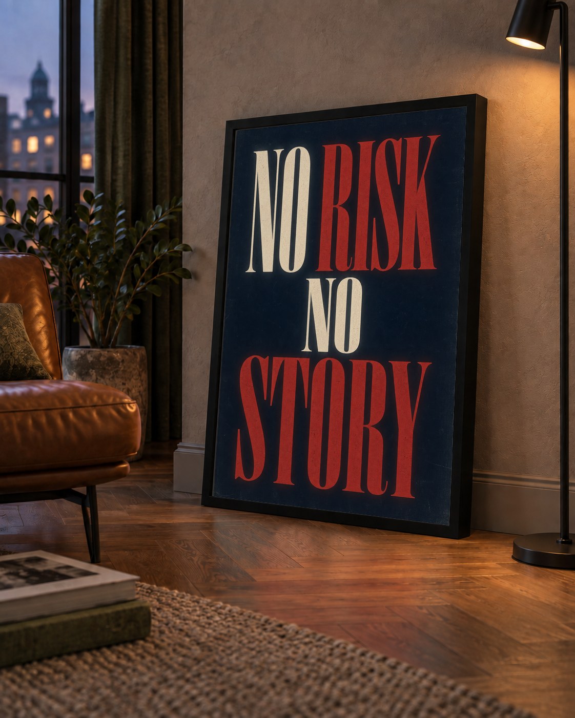 NO RISK NO STORY Retro Tipografik Motivasyon Posteri — çerçeveli hâliyle bir ev duvarında