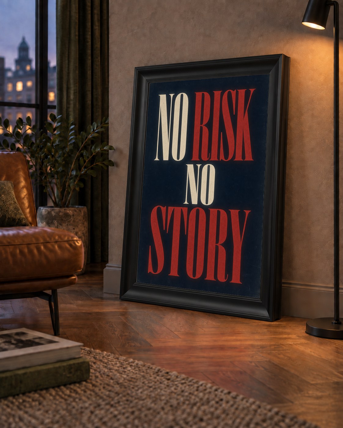 NO RISK NO STORY Retro Tipografik Motivasyon Posteri — çerçeveli hâliyle bir ev duvarında
