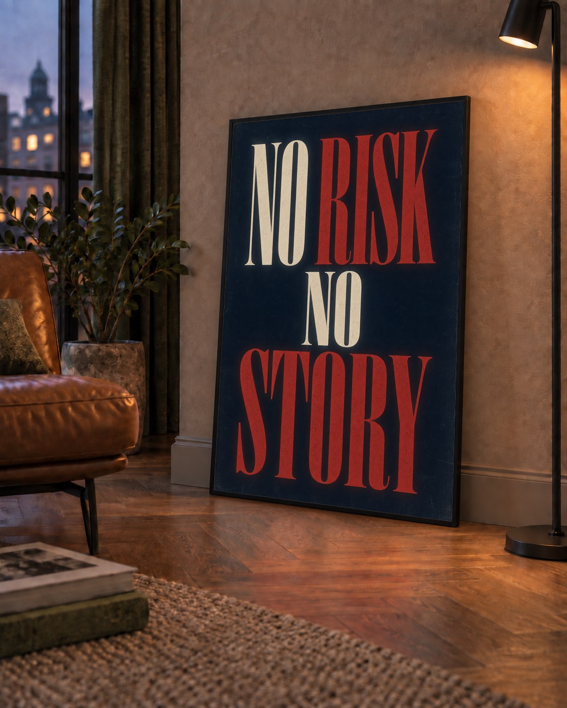 NO RISK NO STORY Retro Tipografik Motivasyon Posteri — çerçeveli hâliyle bir ev duvarında