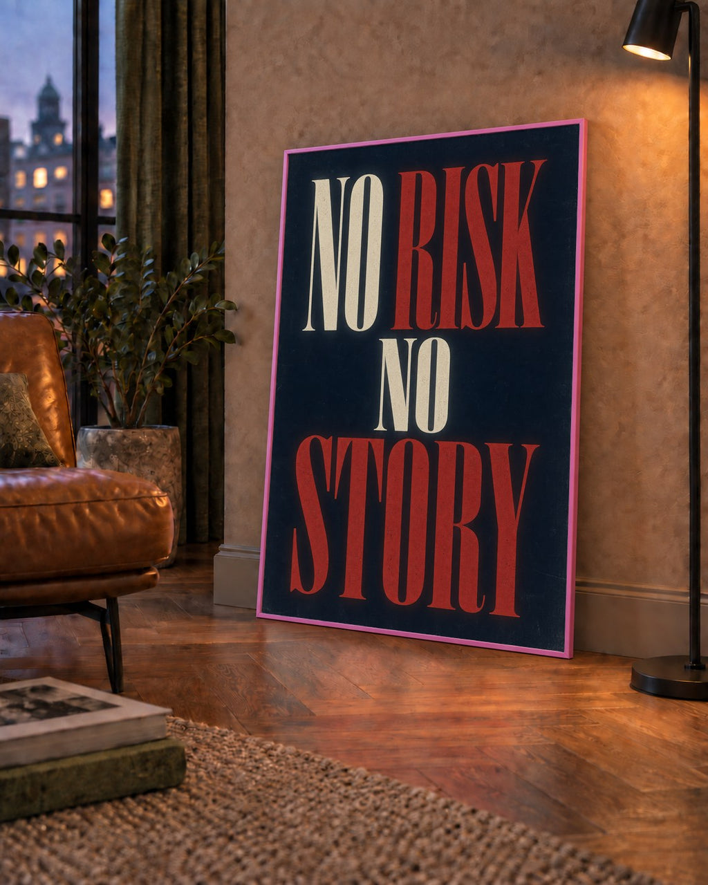 NO RISK NO STORY Retro Tipografik Motivasyon Posteri — çerçeveli hâliyle bir ev duvarında