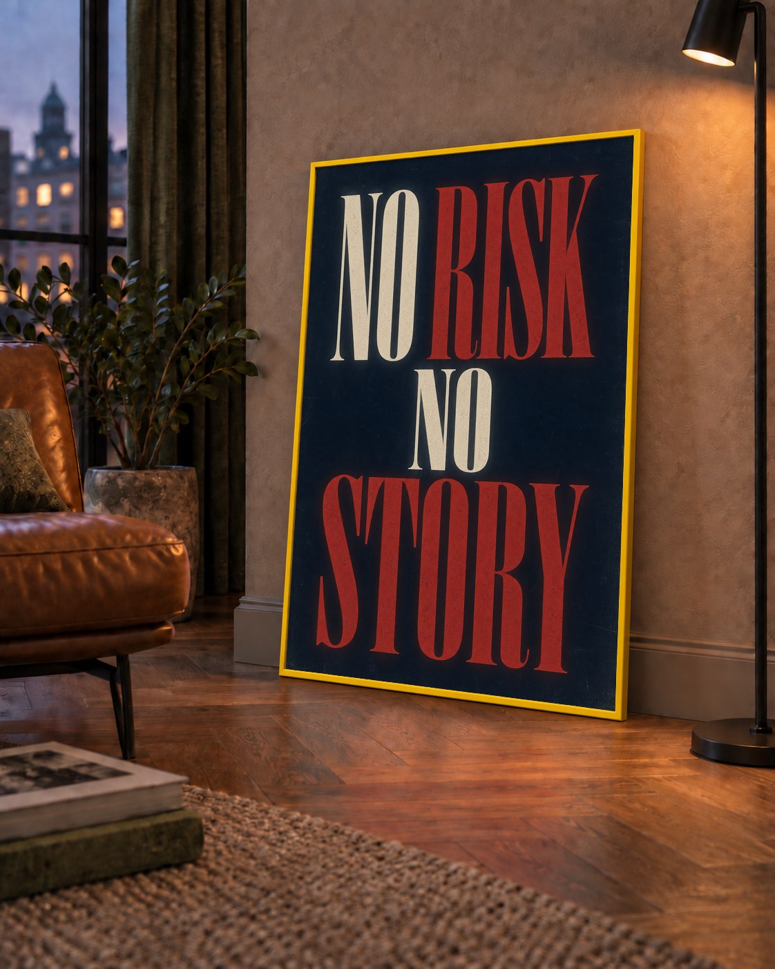 NO RISK NO STORY Retro Tipografik Motivasyon Posteri — çerçeveli hâliyle bir ev duvarında