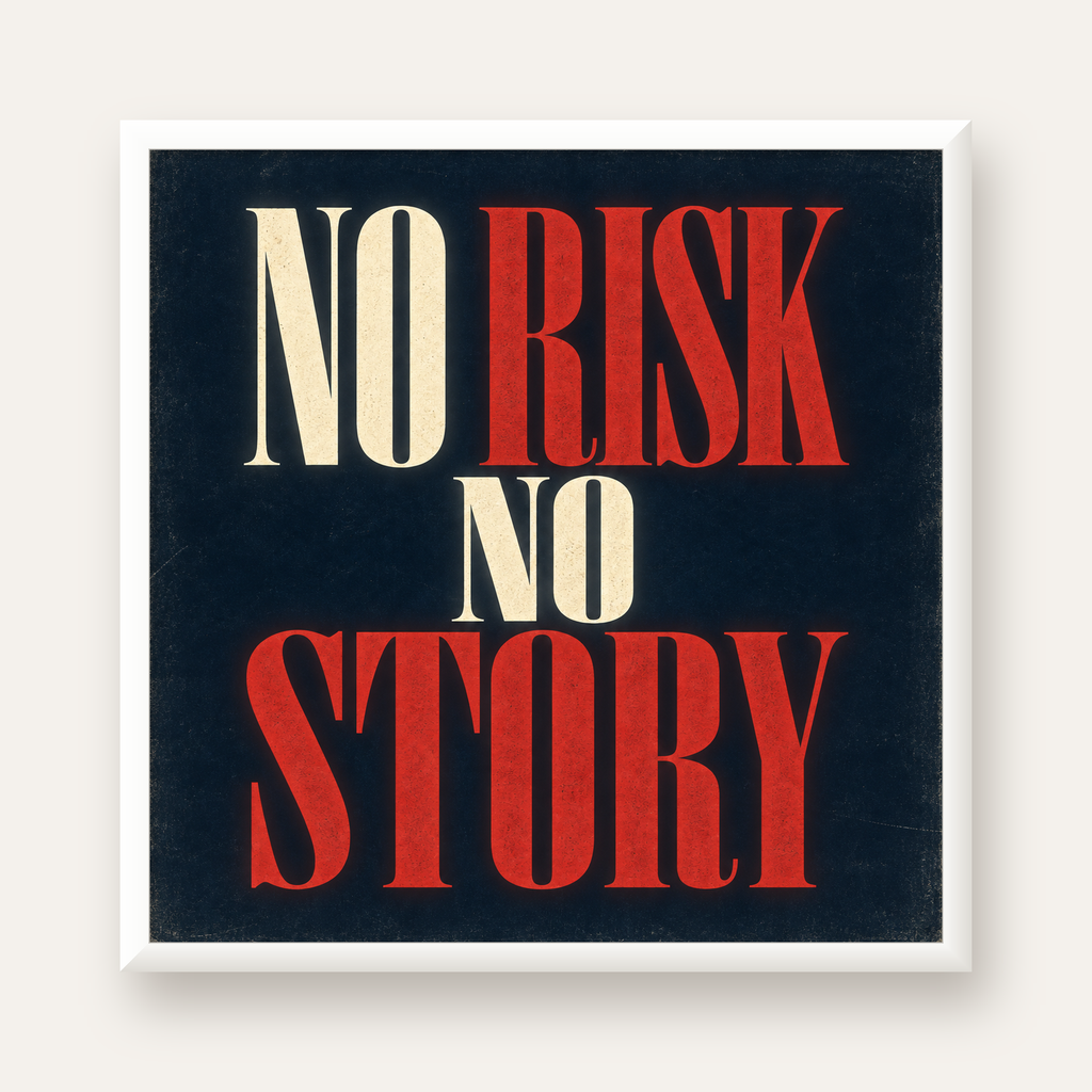 NO RISK NO STORY Retro Tipografik Motivasyon Posteri — beyaz çerçeveli kare poster